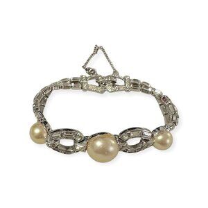 Vintage Mazer Bros Art‎ Deco Rhinestone and Pearl Bracelet, Mid 1930s to 1940s